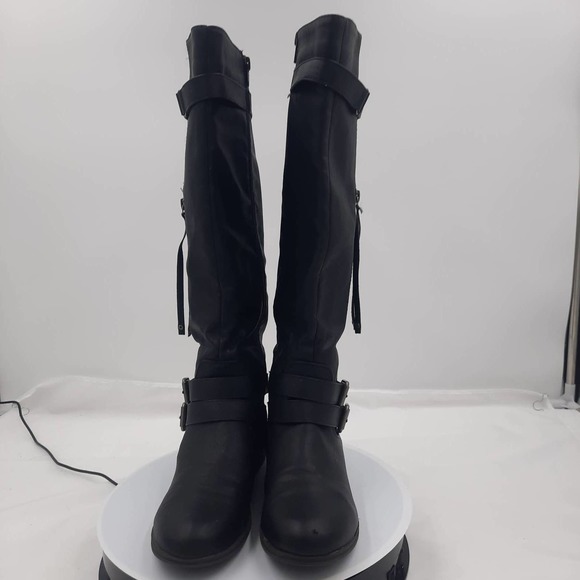 Just Fab Ardera Black Faux Leather, Buckle Straps Inside zip knee high boots 7 - Picture 3 of 9